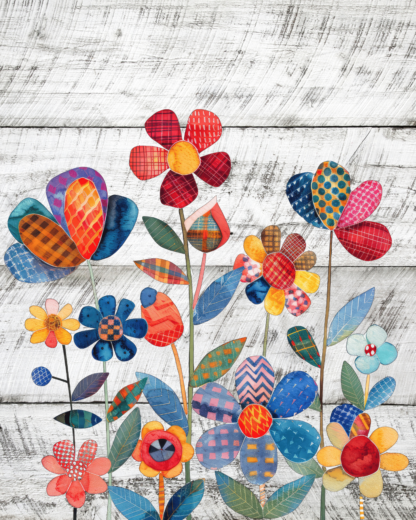 Patchwork Blooms Whitewash – Neutral Floral Art Print, Rustic Cottage Wall Decor