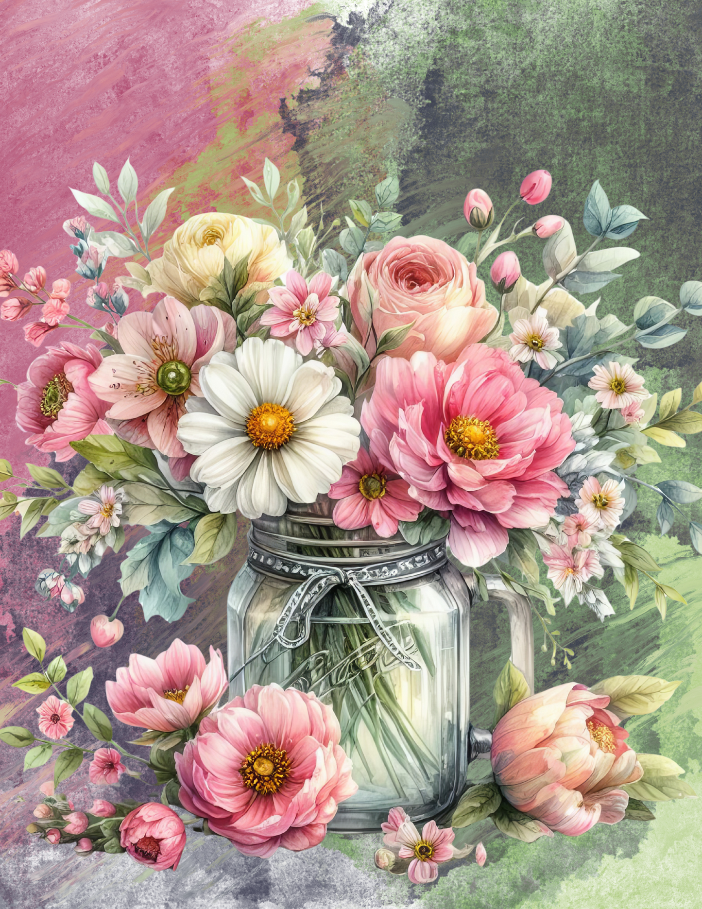 Blossoms in Glass – Pink and White Floral Bouquet Art Print, Mason Jar Wall Art, Cottage Garden Home Décor