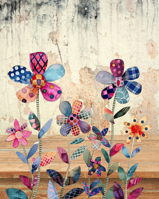 Rustic Patchwork Blooms – Vintage Floral Wall Art, Country Cottage Botanical Print