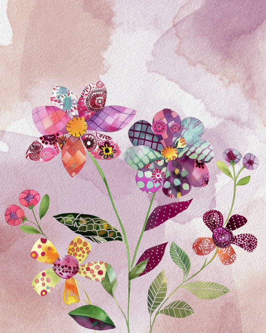Patchwork Blooms Mauve – Mauve and Pink Floral Art, Country Patchwork Wall Print