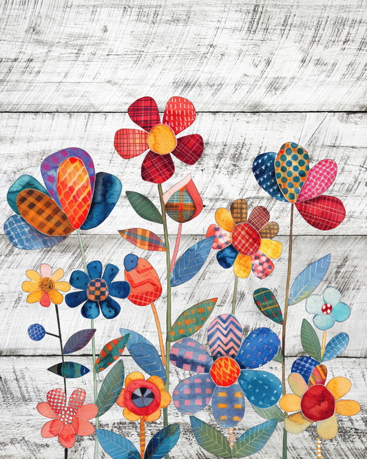 Patchwork Blooms Whitewash – Neutral Floral Art Print, Rustic Cottage Wall Decor