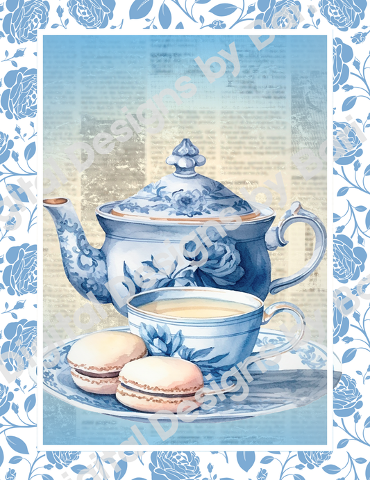 Tea Time – Blue and White Teapot Art Print, Elegant Kitchen Wall Art, Vintage Tea Set Decor